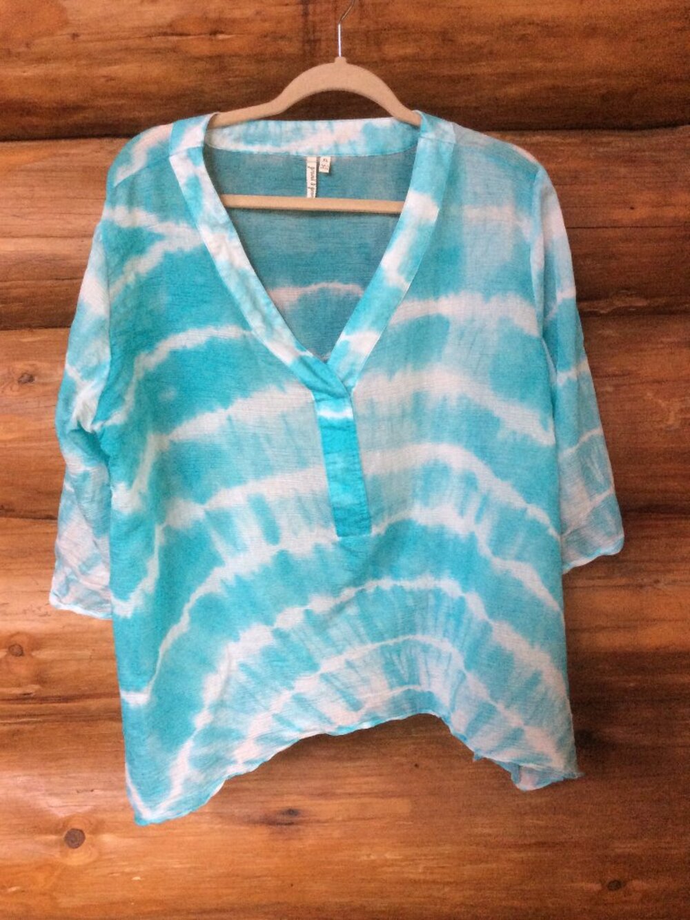 Grand & Greene TURQUOISE & WHITE Travel Sheer Tie Dye Lightweight Boho Top XL